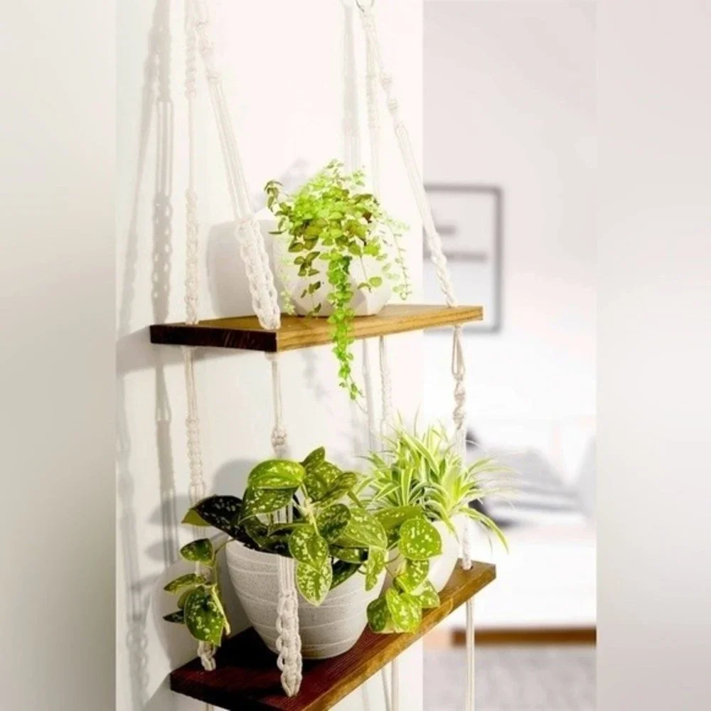Boho Hanging Wall Shelf 2 Tier Macrame Floating Shelves